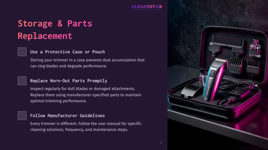 7 Storage And Parts Replacement Cleanestor Storage And Parts Replacement Guide For Trimmers: A Pink And Purple Lit Image Shows An Open Black Case With A Trimmer, Attachments, And Oil.
