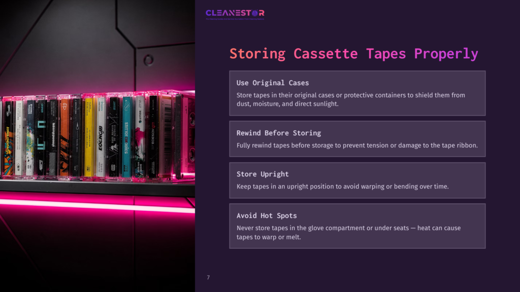 A Collection Of Colorful Cassette Tapes With Visible Labels Is Displayed On A Shelf With Vibrant Pink Neon Lighting. To The Right, Text On A Dark Background Offers Tips For Storing Cassette Tapes Properly, Including Advice On Using Original Cases, Rewinding Before Storing, And Avoiding Hot Spots.
