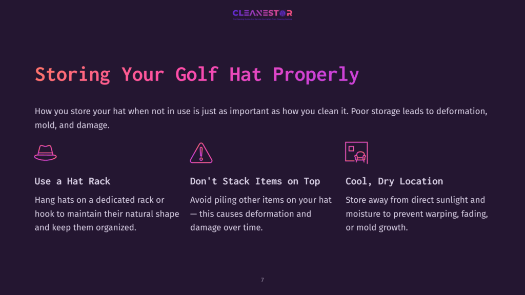 The Cleanestor Logo Is Displayed At The Top Of A Slide With The Title &Quot;Storing Your Golf Hat Properly.&Quot; The Slide Features Three Icons And Text Explaining How To Properly Store Golf Hats: &Quot;Use A Hat Rack,&Quot; &Quot;Don'T Stack Items On Top,&Quot; And &Quot;Cool, Dry Location.