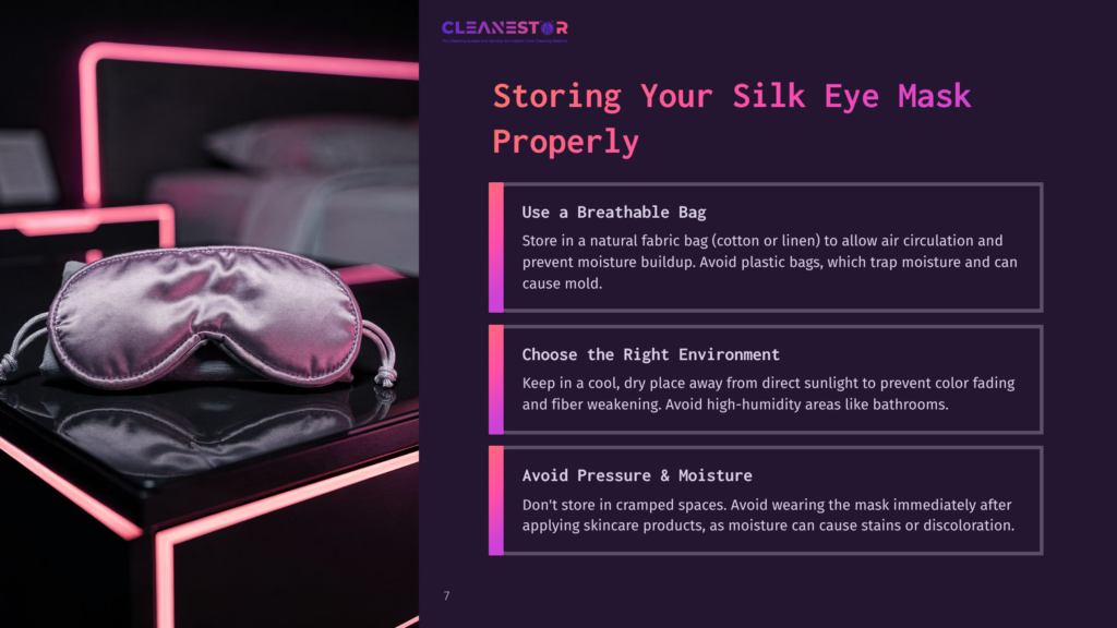 A Shimmering, Lavender Silk Eye Mask Rests On A Glossy Black Surface With Vibrant Pink Neon Lighting. Text Overlays The Image: &Quot;Cleanestor&Quot;, &Quot;Storing Your Silk Eye Mask Properly&Quot;, And Instructions On Care.