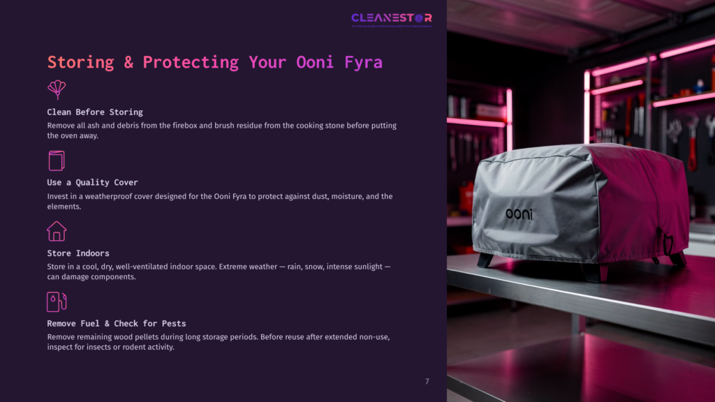 A Grey Ooni Fyra Pizza Oven Cover Is Draped Over The Oven On A Stainless Steel Counter, Set Against A Blurred Background Of Tools And Shelves In A Workshop.