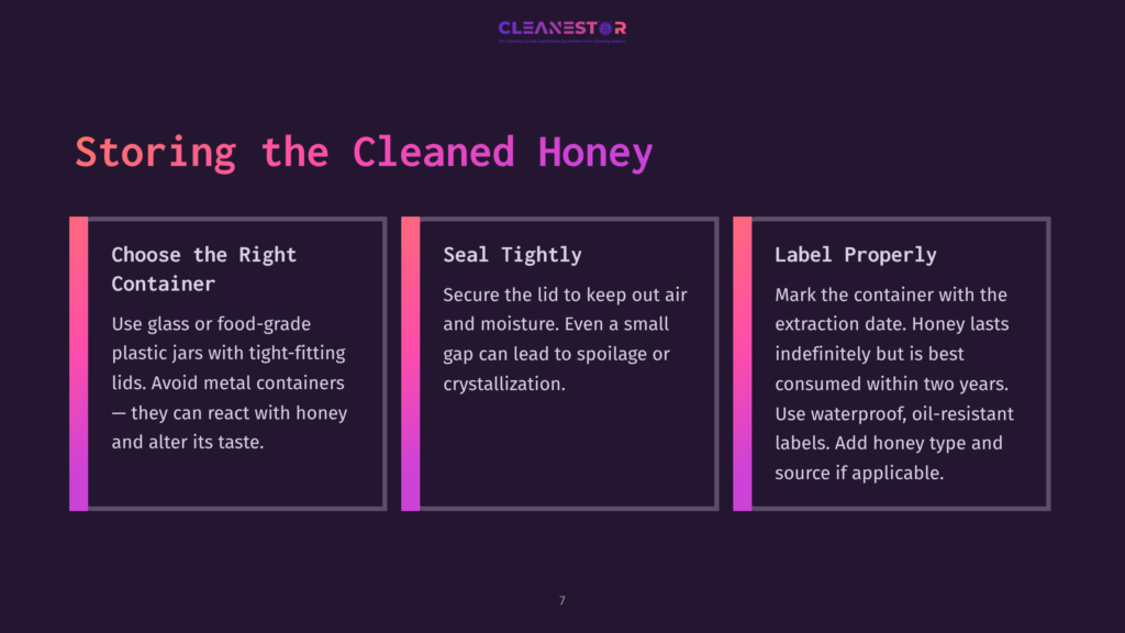 A Graphic Titled &Quot;Storing The Cleaned Honey&Quot; With Three Sections: &Quot;Choose The Right Container,&Quot; &Quot;Seal Tightly,&Quot; And &Quot;Label Properly.&Quot; The Background Is Dark Purple With Pink And Orange Gradients On The Left And Right Edges.