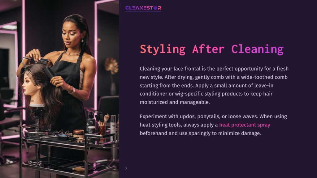 A Stylist Combs A Dark Brown Wig On A Mannequin Head, Showcasing Styling After Cleaning. She Wears A Black Apron Over A White Shirt. The Background Is A Salon With Mirrors And Styling Tools.