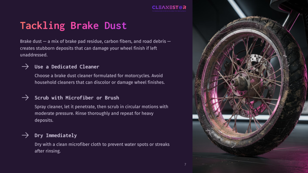 Close-Up Of A Dirty Motorcycle Wheel Covered In Brake Dust, Road Grime, And Tire Marks, With The Text &Quot;Cleanestor&Quot; And &Quot;Tackling Brake Dust&Quot; Visible.
