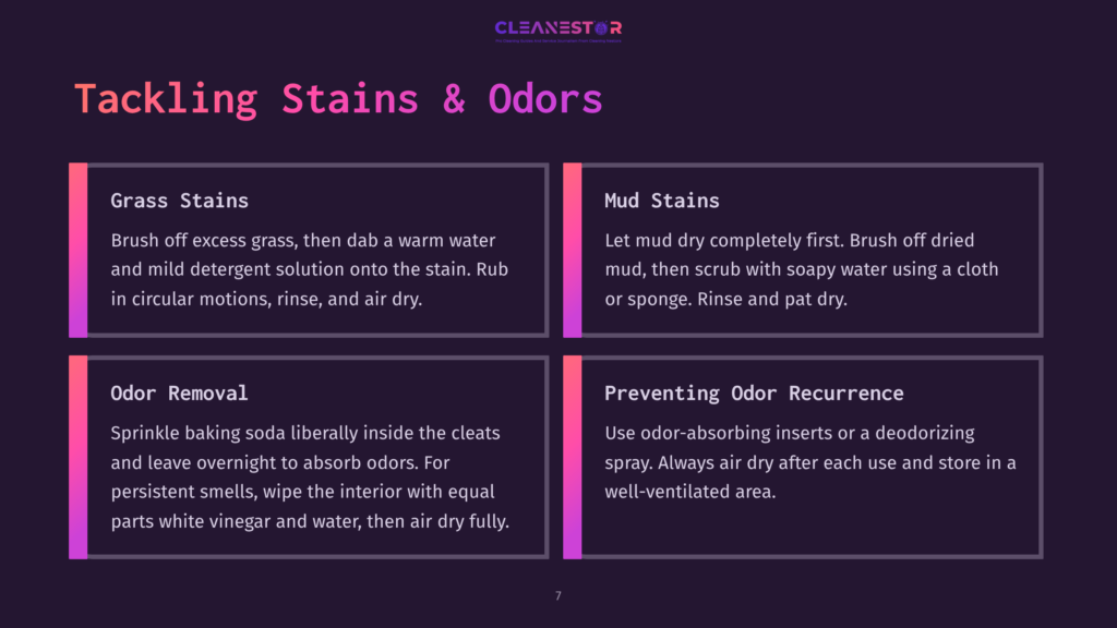 7 Tackling Stains And Odors Infographic Titled &Quot;Tackling Stains &Amp; Odors&Quot; With Four Sections: Grass Stains, Mud Stains, Odor Removal, And Preventing Odor Recurrence, Offering Cleaning Tips.