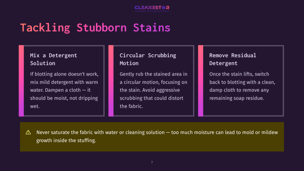 Cleanestor Logo And Text &Quot;Tackling Stubborn Stains&Quot; With Three Columns Detailing Stain Removal: &Quot;Mix A Detergent Solution,&Quot; &Quot;Circular Scrubbing Motion,&Quot; And &Quot;Remove Residual Detergent.