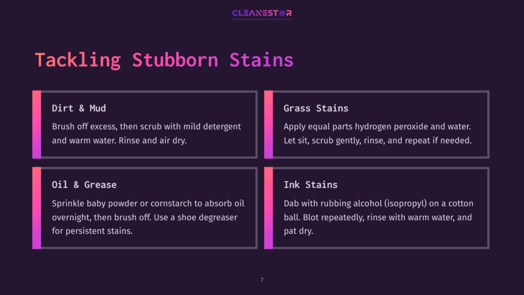 A Dark Purple Background With Four White Boxes Detailing How To Tackle Stubborn Stains: Dirt &Amp; Mud, Grass Stains, Oil &Amp; Grease, And Ink Stains. The Cleanestor Logo Is At The Top.