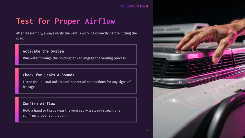 7 Test For Proper Airflow A Hand Rests On The Grille Of A White Vehicle, With Text Overlay On The Left Detailing How To Test For Proper Airflow After Reassembly, Including Steps Like Activating The System, Checking For Leaks, And Confirming Airflow.