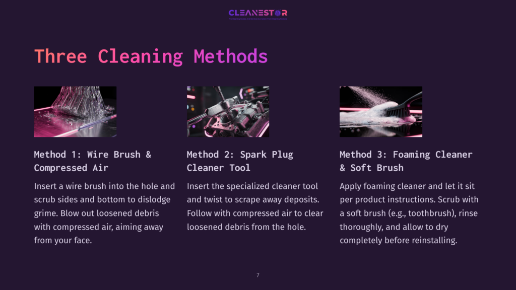 Three Cleaning Methods Illustrated: Wire Brush And Compressed Air Cleaning, Spark Plug Cleaner Tool, And Foaming Cleaner With A Soft Brush. Text Describes Each Method.