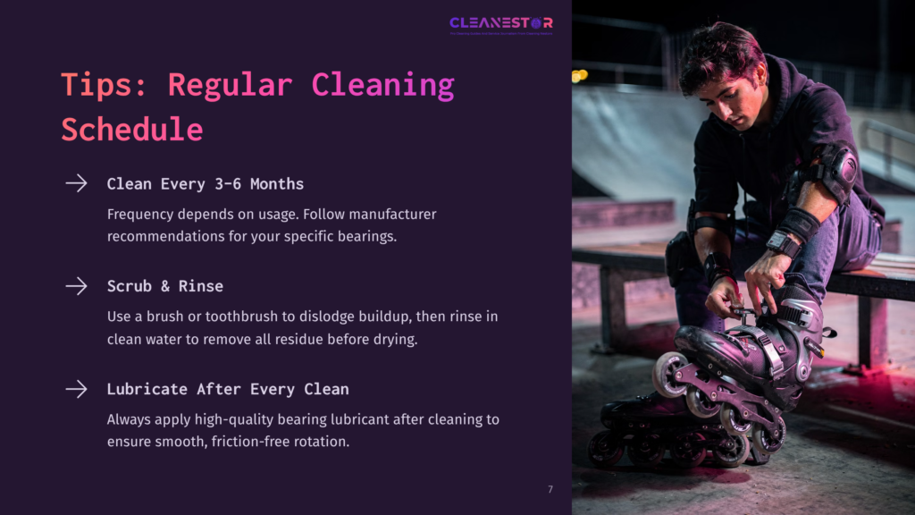 7 Tips Regular Cleaning Schedule A Young Man Crouches In A Skate Park, Meticulously Cleaning His Rollerblade Wheels In The Dim Evening Light. Text On A Purple Background To The Left Offers Tips For Regular Bearing Cleaning.