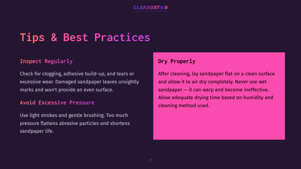7 Tips And Best Practices Presentation Slide Titled &Quot;Tips &Amp; Best Practices&Quot; With Two Columns: Left Side Details &Quot;Inspect Regularly&Quot; And &Quot;Avoid Excessive Pressure&Quot; For Sandpaper Use, Right Side Titled &Quot;Dry Properly&Quot; With Advice On Drying Sandpaper. The Cleanestor Logo Is At The Top.