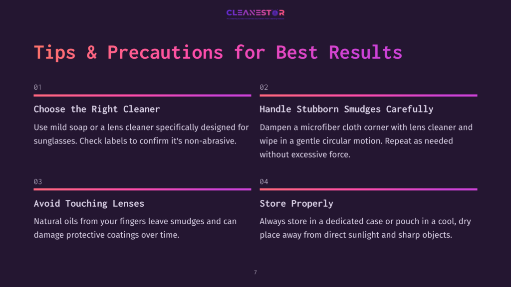 Infographic With Text Listing Tips And Precautions For Best Results When Cleaning Sunglasses: Choose The Right Cleaner, Handle Stubborn Smudges Carefully, Avoid Touching Lenses, Store Properly.