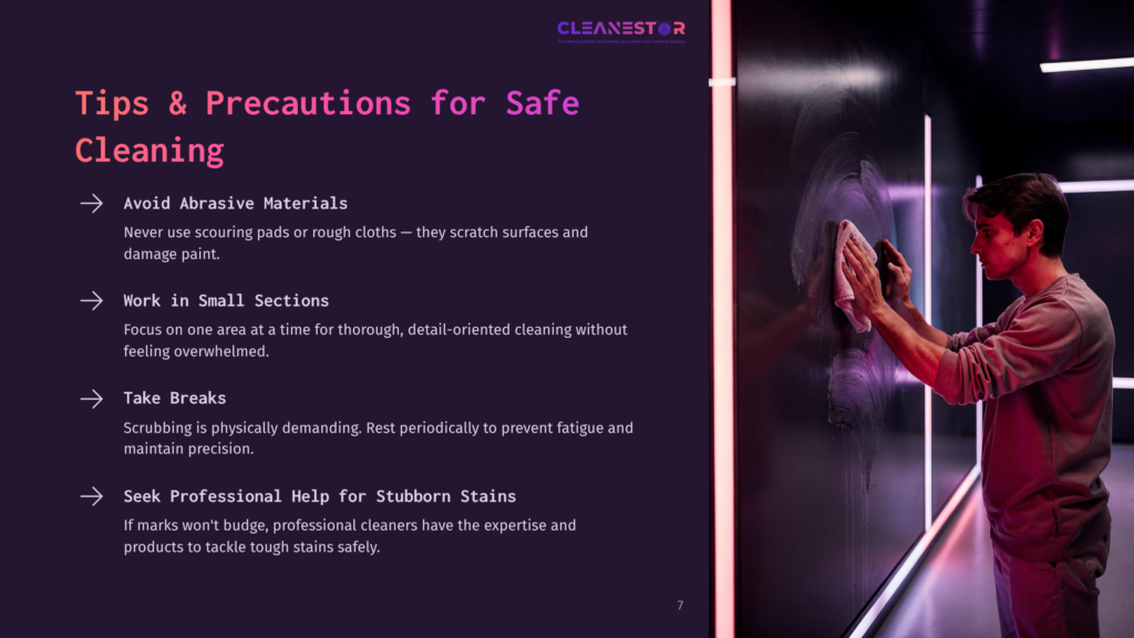 A Man With Dark Hair Cleans A Black Surface With A White Cloth, Illuminated By Purple Neon Lights. Text In The Upper Left Corner Reads &Quot;Cleanestor&Quot; And &Quot;Tips &Amp; Precautions For Safe Cleaning.