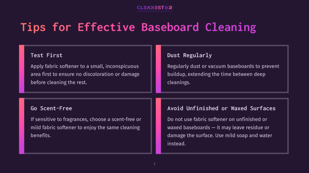 Four Panels Offer Tips For Effective Baseboard Cleaning: Test First, Dust Regularly, Go Scent-Free, And Avoid Unfinished Or Waxed Surfaces. The Cleanestor Logo Is At The Top.