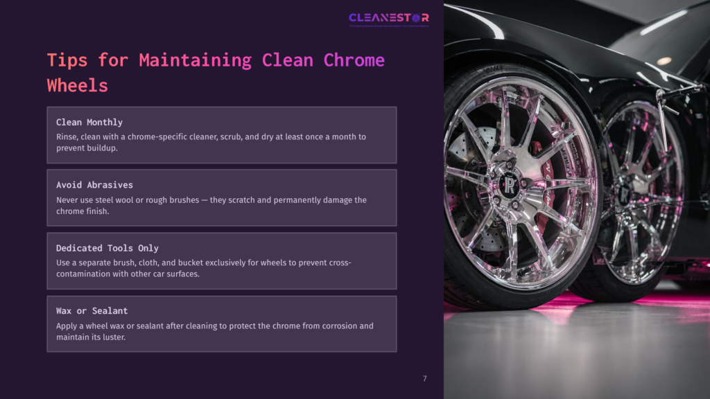 Close-Up Of Shiny, Clean Chrome Wheels On A Car, With The Text &Quot;Cleanestor&Quot; And &Quot;Tips For Maintaining Clean Chrome Wheels&Quot; Visible.