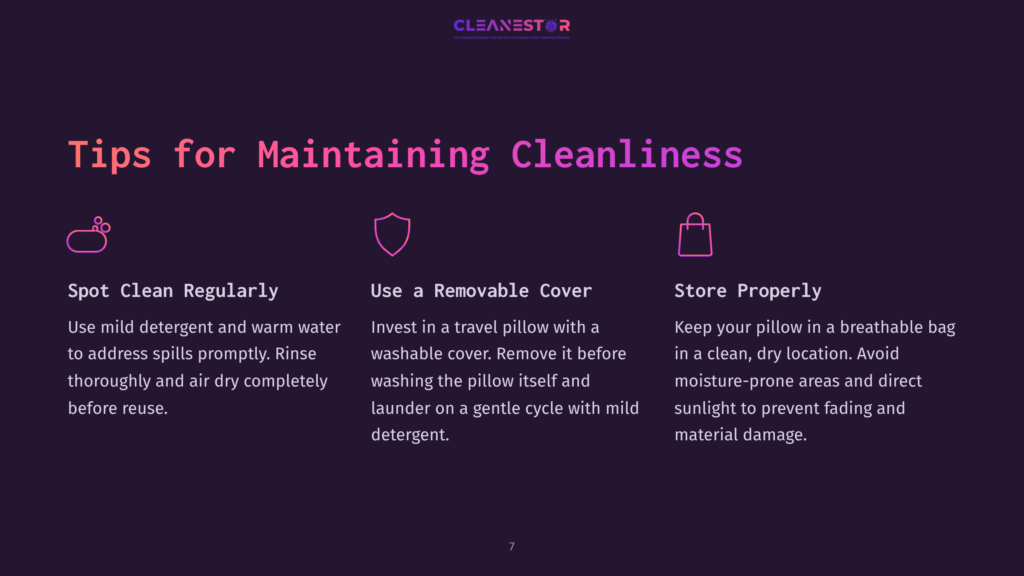 Graphic With Text: &Quot;Tips For Maintaining Cleanliness&Quot; And Three Icons With Descriptions For Spot Clean Regularly, Use A Removable Cover, And Store Properly.