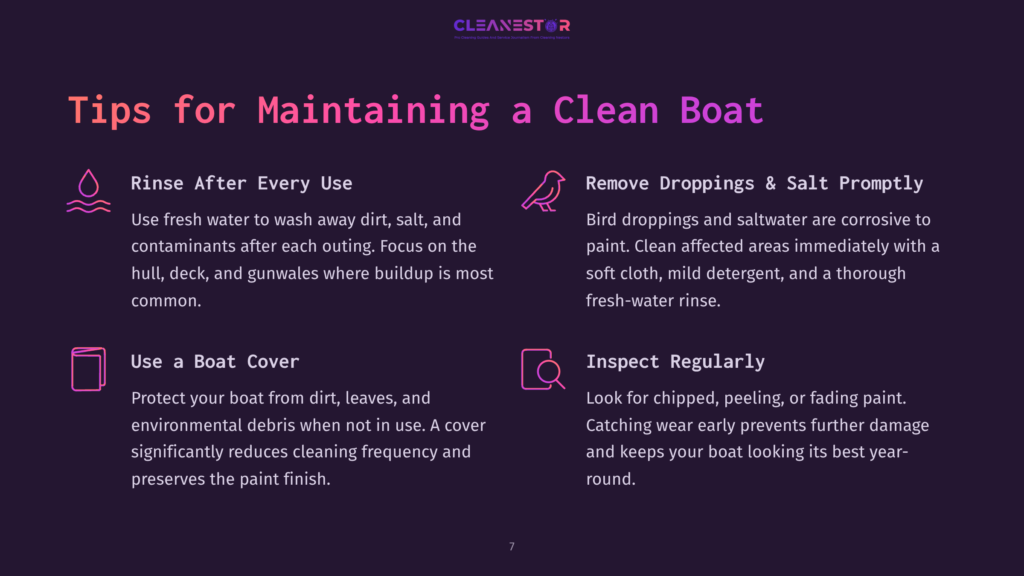 Tips For Maintaining A Clean Boat: Rinse After Every Use, Remove Droppings &Amp; Salt Promptly, Use A Boat Cover, Inspect Regularly. Cleanestor Logo At The Top.