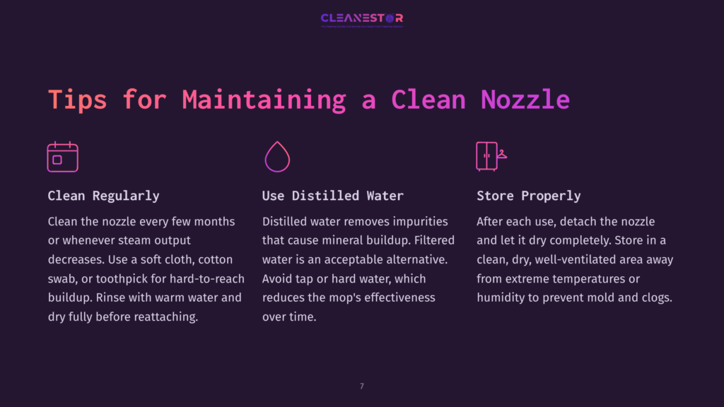 Cleanestor Logo And Graphic With Text: &Quot;Tips For Maintaining A Clean Nozzle&Quot; Including Icons For Cleaning, Distilled Water, And Storage. Tips Include &Quot;Clean Regularly,&Quot; &Quot;Use Distilled Water,&Quot; And &Quot;Store Properly.