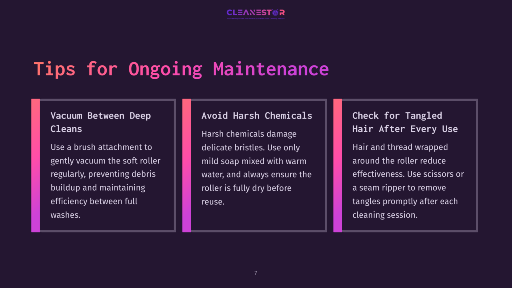 A Dark Background With Three Vertical Rectangular Boxes Containing Text Tips For Ongoing Maintenance. The Boxes Are Titled &Quot;Vacuum Between Deep Cleans,&Quot; &Quot;Avoid Harsh Chemicals,&Quot; And &Quot;Check For Tangled Hair After Every Use.