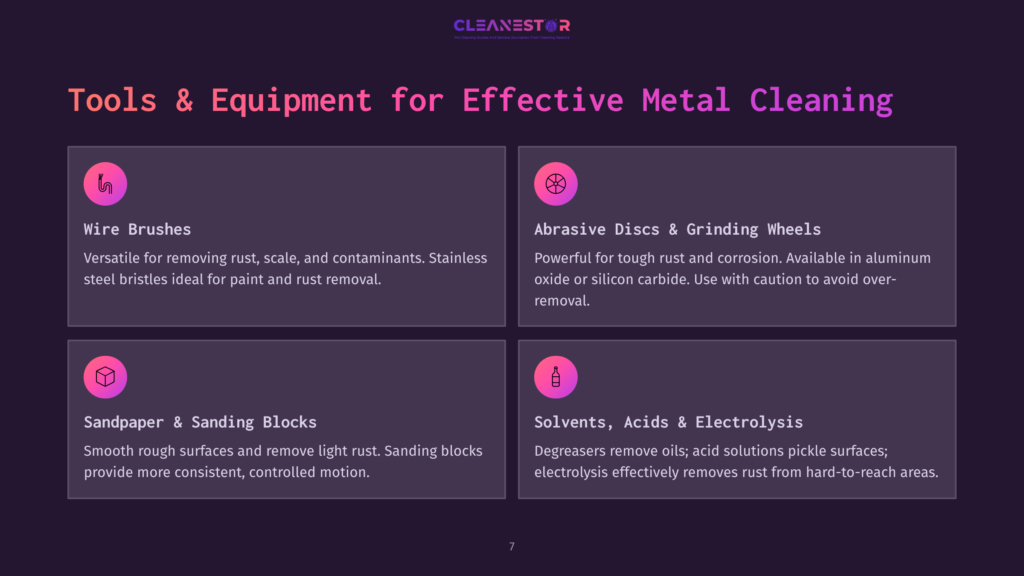 Tools &Amp; Equipment For Effective Metal Cleaning: Wire Brushes, Abrasive Discs, Sandpaper, And Solvents Are Displayed In A Grid Layout With Icons And Descriptions.
