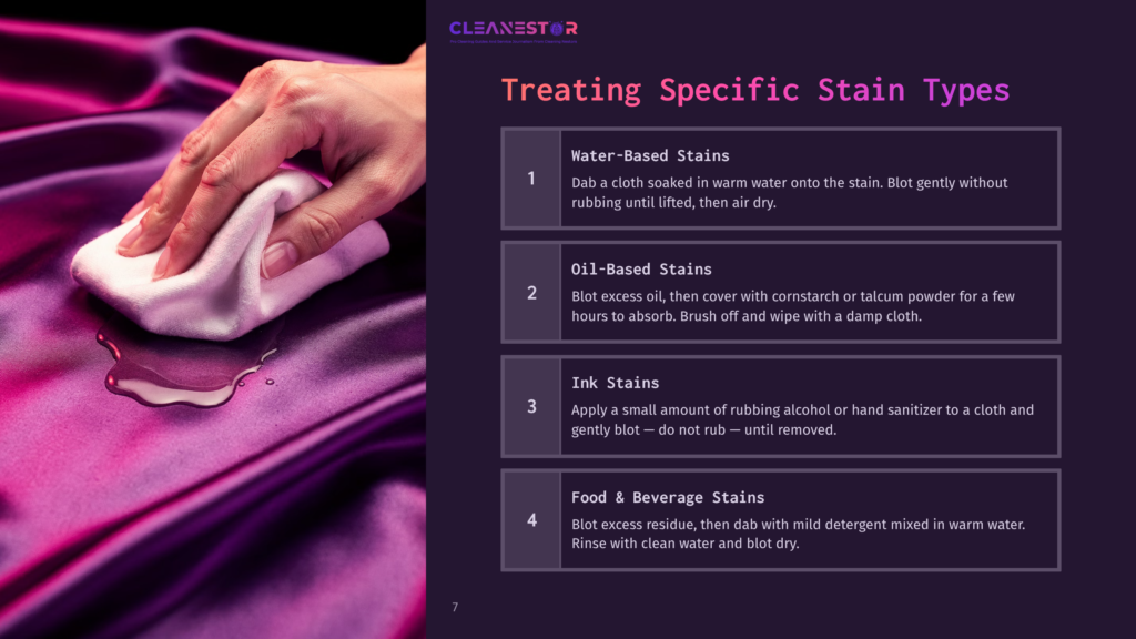 A Hand Dabs A Purple Satin Fabric With A White Cloth, Demonstrating Stain Removal Techniques. Text On The Right Lists &Quot;Water-Based Stains,&Quot; &Quot;Oil-Based Stains,&Quot; &Quot;Ink Stains,&Quot; And &Quot;Food &Amp; Beverage Stains.