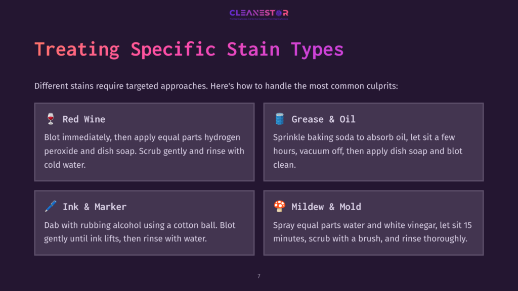7 Treating Specific Stain Types Infographic Titled &Quot;Treating Specific Stain Types&Quot; From Cleanestor, Detailing Methods For Red Wine, Grease &Amp; Oil, Ink &Amp; Marker, And Mildew &Amp; Mold Stains.