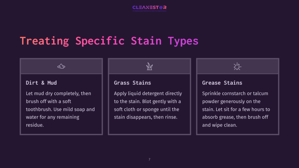 Cleanestor Logo And A Slide Titled &Quot;Treating Specific Stain Types&Quot; With Three Columns: &Quot;Dirt &Amp; Mud,&Quot; &Quot;Grass Stains,&Quot; And &Quot;Grease Stains,&Quot; Each With An Icon And Instructions.