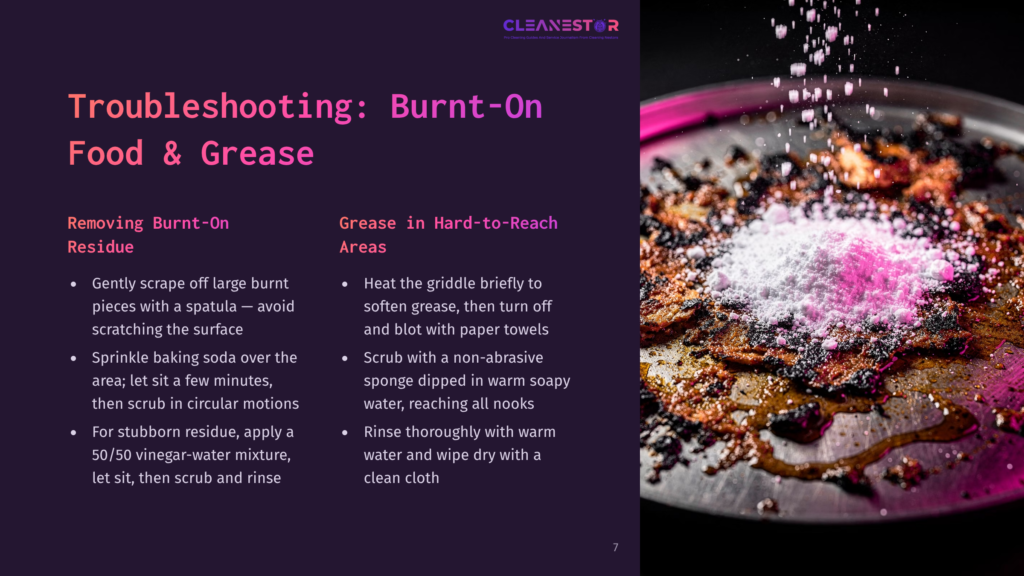 Close-Up Of A Burnt And Greasy Pan With Baking Soda Being Sprinkled On It, Illustrating A Cleaning Method.