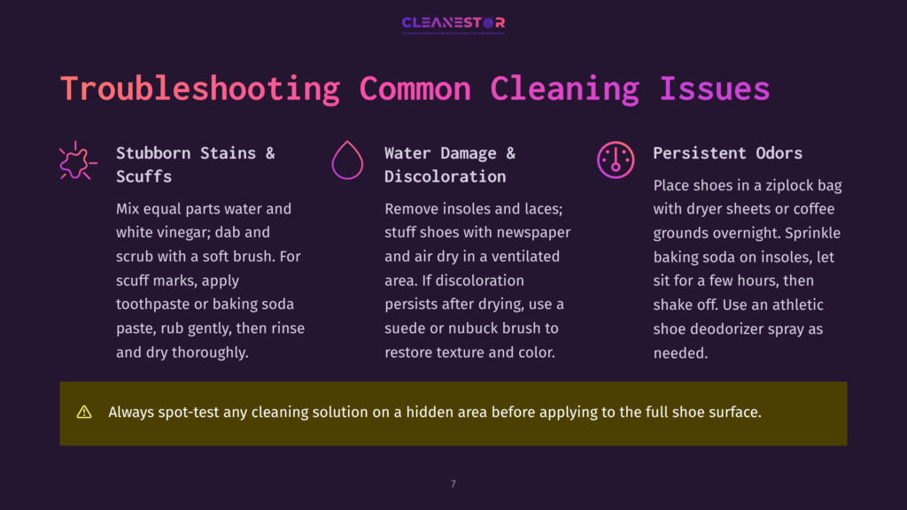 7 Troubleshooting Common Cleaning Issues 1 Troubleshooting Common Cleaning Issues For Shoes: Stubborn Stains &Amp; Scuffs, Water Damage &Amp; Discoloration, Persistent Odors. Includes Cleaning Tips And A Warning To Test Solutions On A Hidden Area.