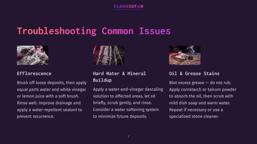 7 Troubleshooting Common Issues 1 Efflorescence, Hard Water Buildup, And Oil &Amp; Grease Stains On Stone Surfaces. Troubleshooting Common Stone Cleaning Issues.