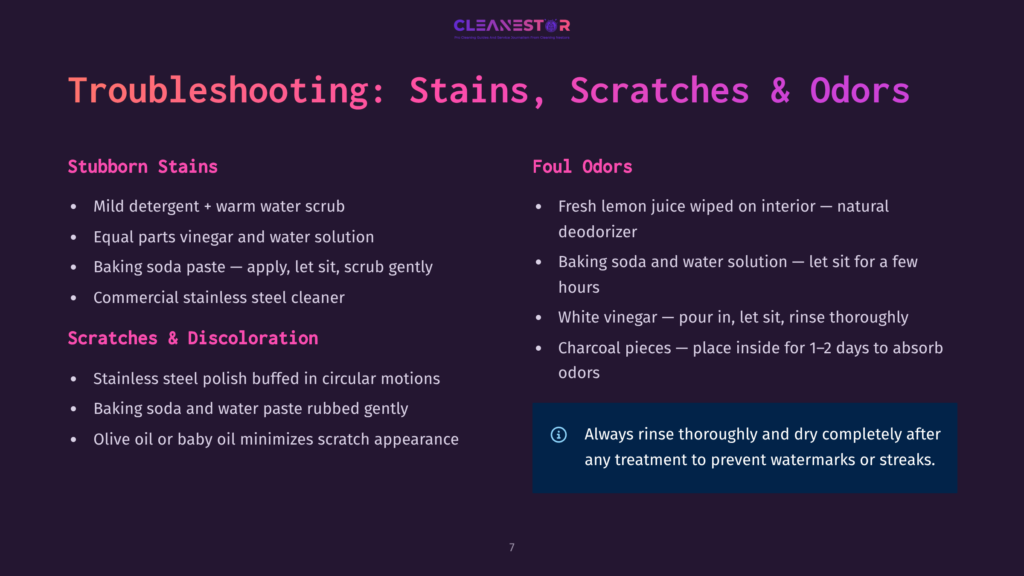 Troubleshooting Guide For Stains, Scratches, And Odors On Surfaces. Lists Mild Detergent, Vinegar, Baking Soda, And Stainless Steel Cleaner For Stains, And Lemon Juice Or Baking Soda For Odors.