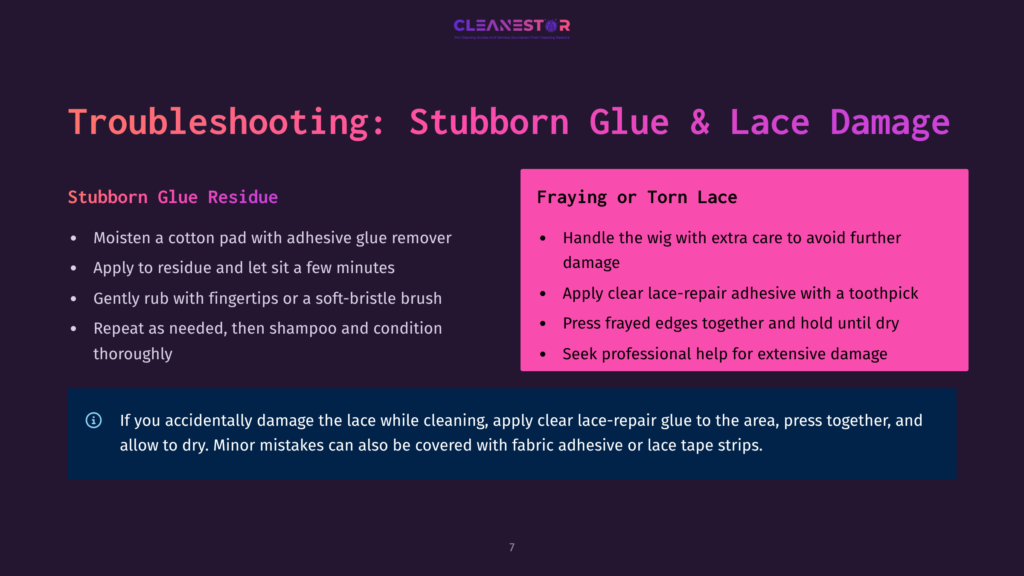 Troubleshooting Guide For Stubborn Glue Residue And Lace Damage On Wigs. Tips Include Moistening Cotton Pads, Applying Residue Remover, And Using Fabric Adhesive Or Lace Tape Strips For Repairs.