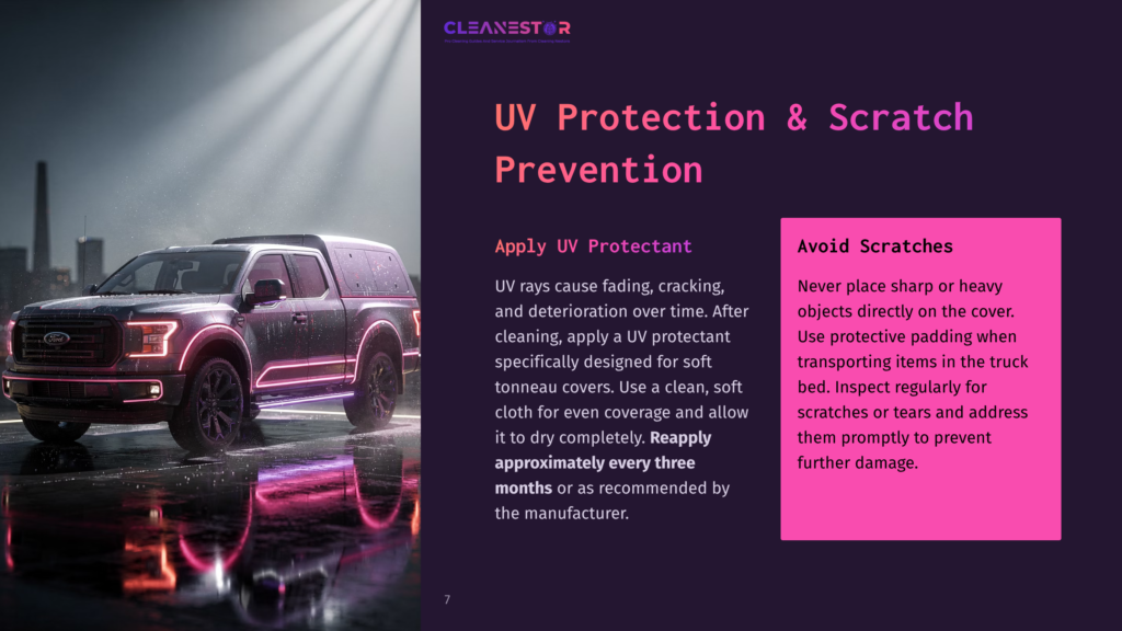 A Black Ford F-150 Truck With Neon Purple Accents Is Parked On A Wet Street At Night, Reflecting The Vehicle'S Lights And The City Skyline. Text On The Right Reads &Quot;Cleanestor Uv Protection &Amp; Scratch Prevention&Quot;.