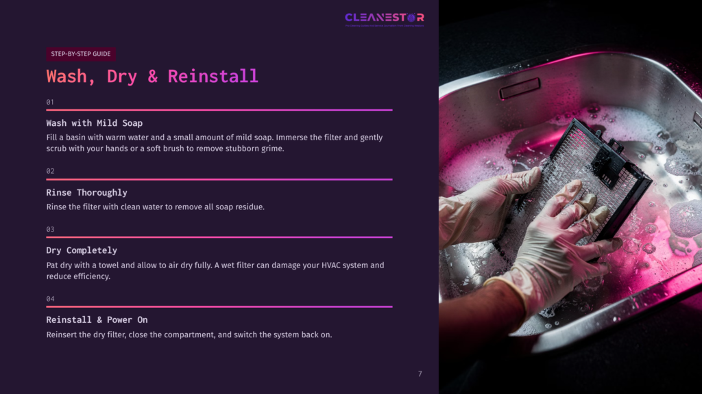 Hands In Gloves Scrub A Dirty Hvac Filter In A Sink Filled With Soapy Water, With Text Instructions For Cleaning And Reinstalling Filters.