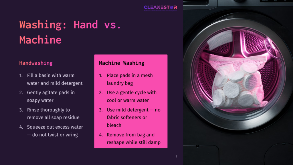 Washing: Hand Vs. Machine Comparison Chart With Text And A Close-Up Of A Pink Laundry Mesh Bag Filled With White Cotton Pads Inside A Washing Machine Drum, Illuminated By Pink Light.