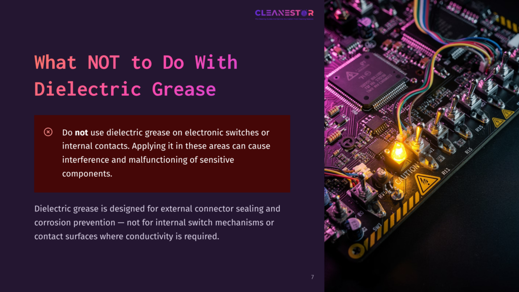 Close-Up Of A Circuit Board With Glowing Yellow Leds, Featuring Text &Quot;What Not To Do With Dielectric Grease&Quot; And A Warning About Applying It To Electronic Switches And Internal Contacts.
