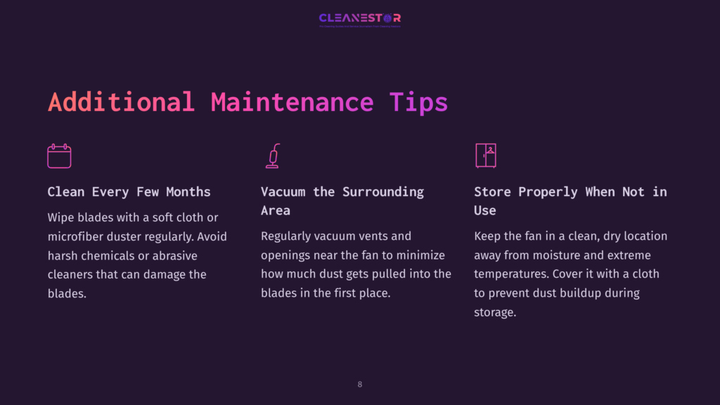 Infographic With Three Sections Detailing Fan Maintenance: Cleaning Fan Blades With A Soft Cloth, Vacuuming Surrounding Areas, And Storing The Fan Properly When Not In Use To Prevent Dust Buildup.
