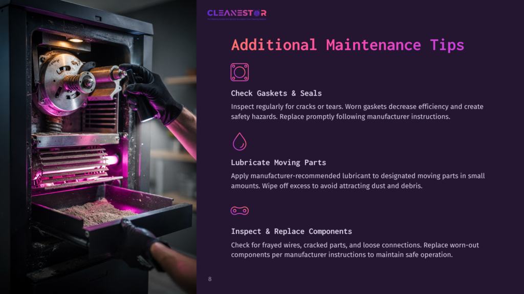 Close-Up Of A Person'S Hands Working On A Machine With Glowing Pink Lights, Showing Gears And Dust. Text Overlay: &Quot;Cleanestor Additional Maintenance Tips&Quot;.
