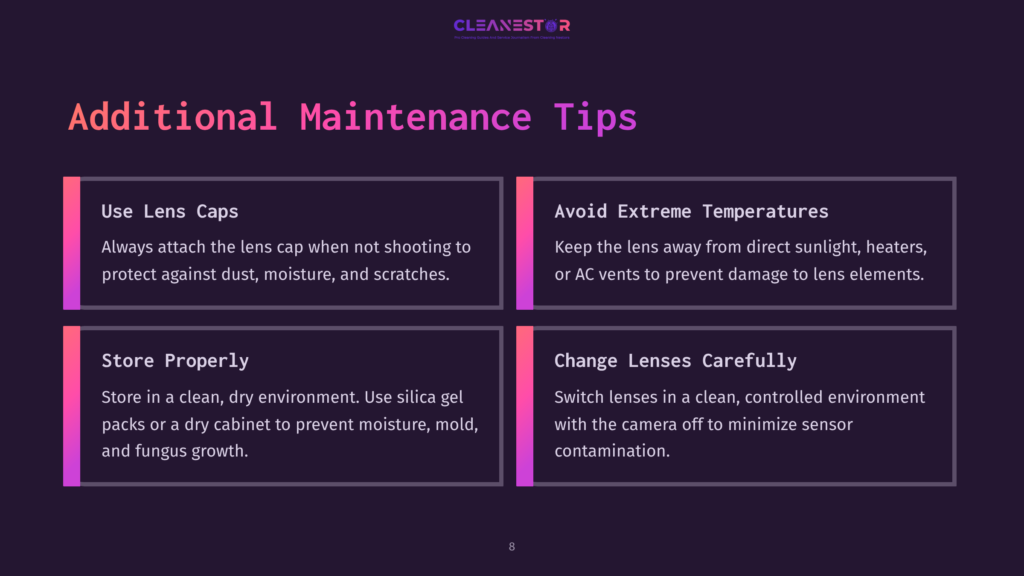 A Dark Purple Background With The Title &Quot;Additional Maintenance Tips&Quot; And Four Boxes Detailing Lens Care: &Quot;Use Lens Caps,&Quot; &Quot;Avoid Extreme Temperatures,&Quot; &Quot;Store Properly,&Quot; And &Quot;Change Lenses Carefully.