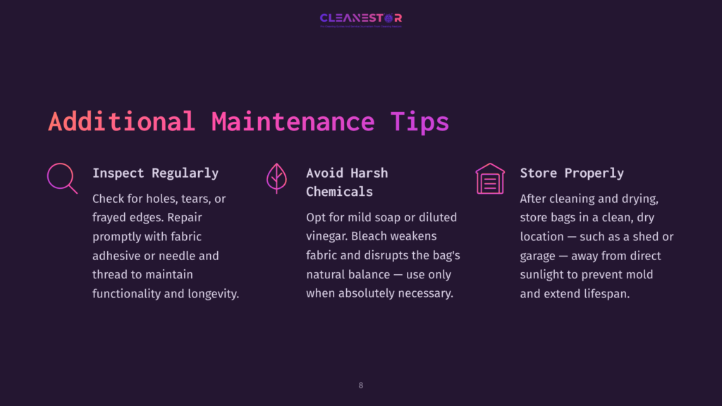 8 Additional Maintenance Tips 3 A Dark Purple Background Displays The Text &Quot;Additional Maintenance Tips&Quot; In Large, Vibrant Letters. Three Icons With Accompanying Text Offer Advice On Inspecting Regularly, Avoiding Harsh Chemicals, And Storing Properly.