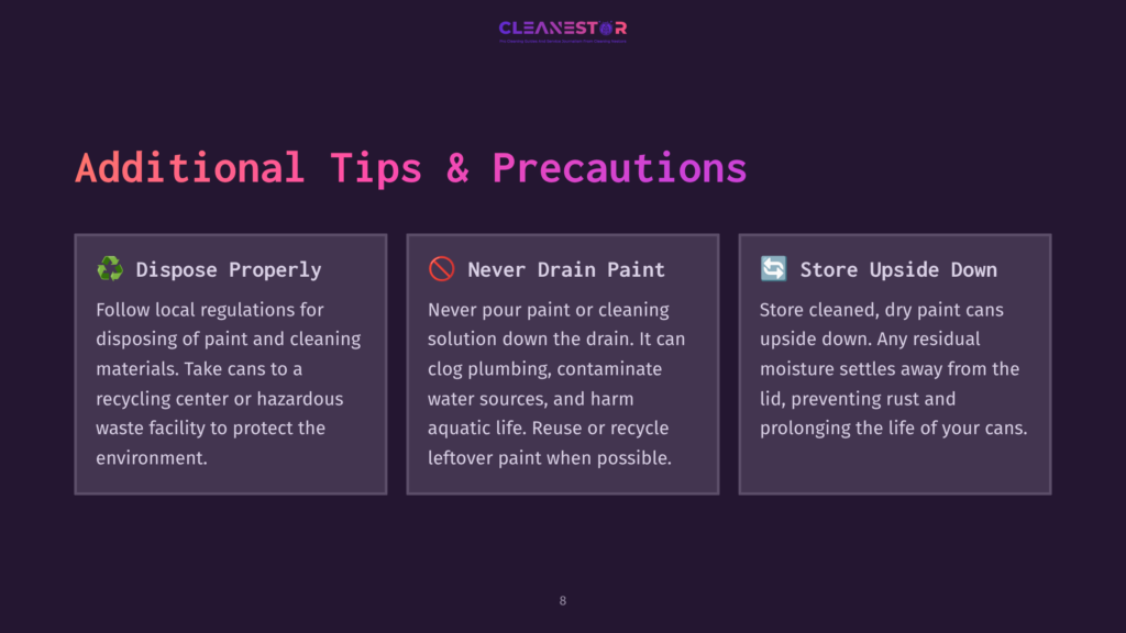 Three Columns Of Tips For Disposing Of Paint Cans: &Quot;Dispose Properly,&Quot; &Quot;Never Drain Paint,&Quot; And &Quot;Store Upside Down.&Quot; The Image Features The Cleanestor Logo At The Top And The Number 8 At The Bottom.