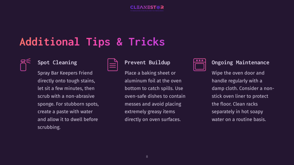 A Dark Background With The Cleanestor Logo At The Top. Three Sections With Icons And Text: &Quot;Spot Cleaning&Quot; With A Spray Bottle Icon, &Quot;Prevent Buildup&Quot; With A Baking Sheet Icon, And &Quot;Ongoing Maintenance&Quot; With A Kitchen Oven Icon. The Text Provides Tips For Cleaning And Maintaining Ovens.