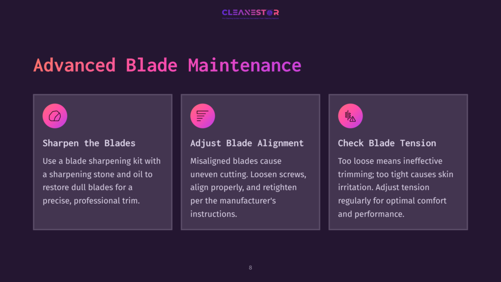 8 Advanced Blade Maintenance Three Illustrated Panels Detailing Advanced Blade Maintenance: Sharpen The Blades, Adjust Blade Alignment, And Check Blade Tension. The Text &Quot;Advanced Blade Maintenance&Quot; Is Prominent.