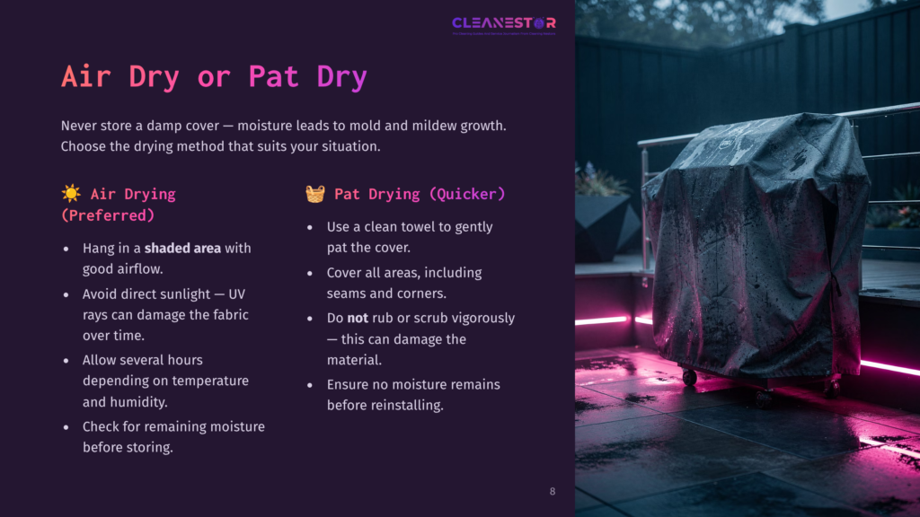 A Wet Grill Cover Rests On A Patio At Night, Illuminated By Pinkish-Purple Lights. Text On The Left Discusses &Quot;Air Dry Or Pat Dry&Quot; For Moisture Removal.
