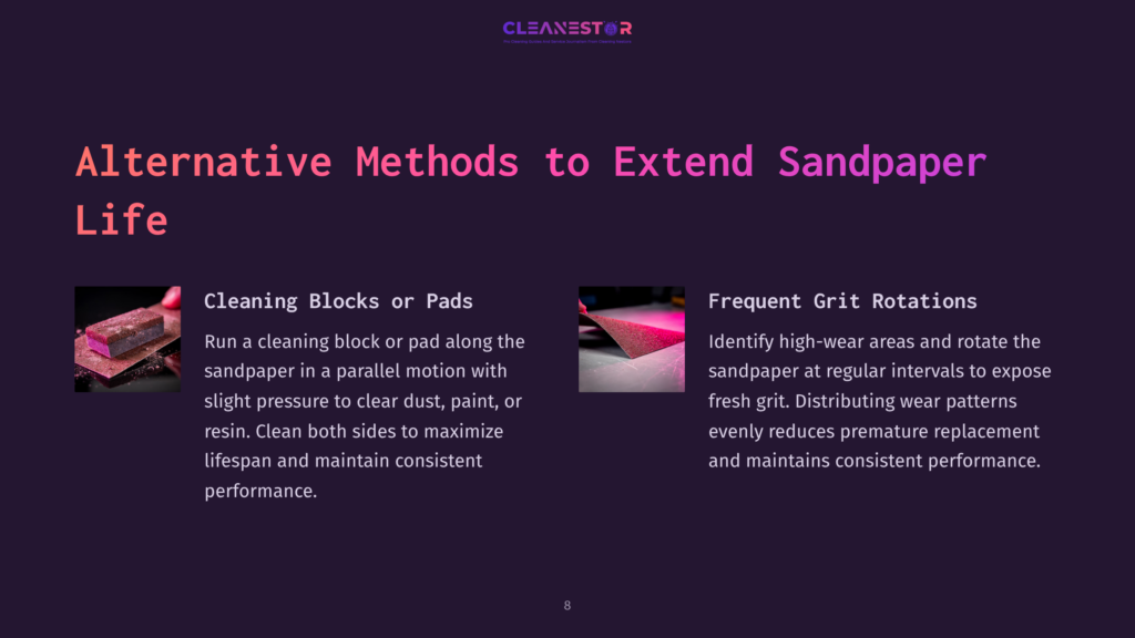 8 Alternative Methods To Extend Sandpaper Life Two Images Illustrate Methods To Extend Sandpaper Life: A Pink Cleaning Block Rubbing On Sandpaper, And A Close-Up Of Sandpaper Showing Wear Patterns. Text Reads &Quot;Cleanestor&Quot; And &Quot;Alternative Methods To Extend Sandpaper Life.