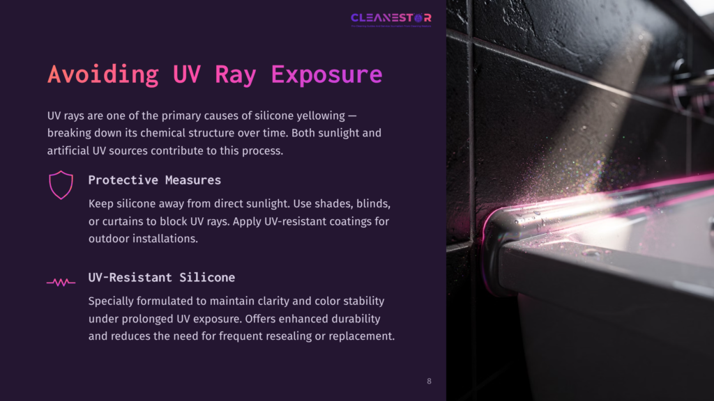 Close-Up Of Bright Pink Uv Light Rays Hitting White Silicone Sealant, Causing It To Glow And Highlighting Its Texture. Text Overlay Reads &Quot;Cleanestor&Quot; And &Quot;Avoiding Uv Ray Exposure&Quot;.