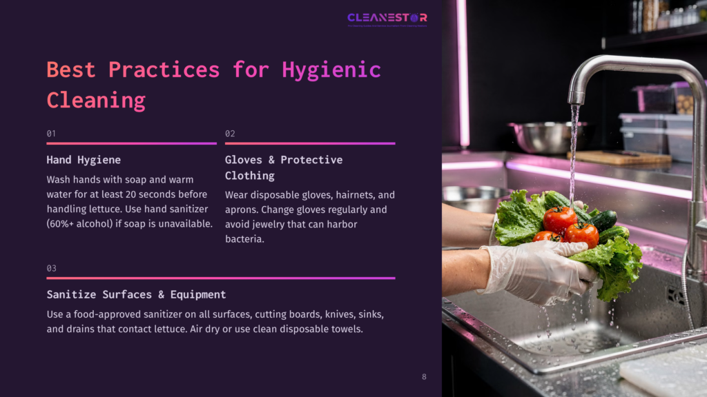 Close-Up Of Gloved Hands Washing Lettuce And Vegetables Under A Running Faucet In A Stainless Steel Sink, With Text Overlay About Best Practices For Hygienic Cleaning.