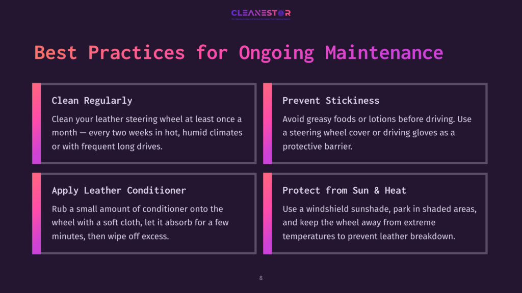 Clean Nestor Graphic On &Quot;Best Practices For Ongoing Maintenance&Quot; With Four Sections: Clean Regularly, Prevent Stickiness, Apply Leather Conditioner, And Protect From Sun &Amp; Heat.