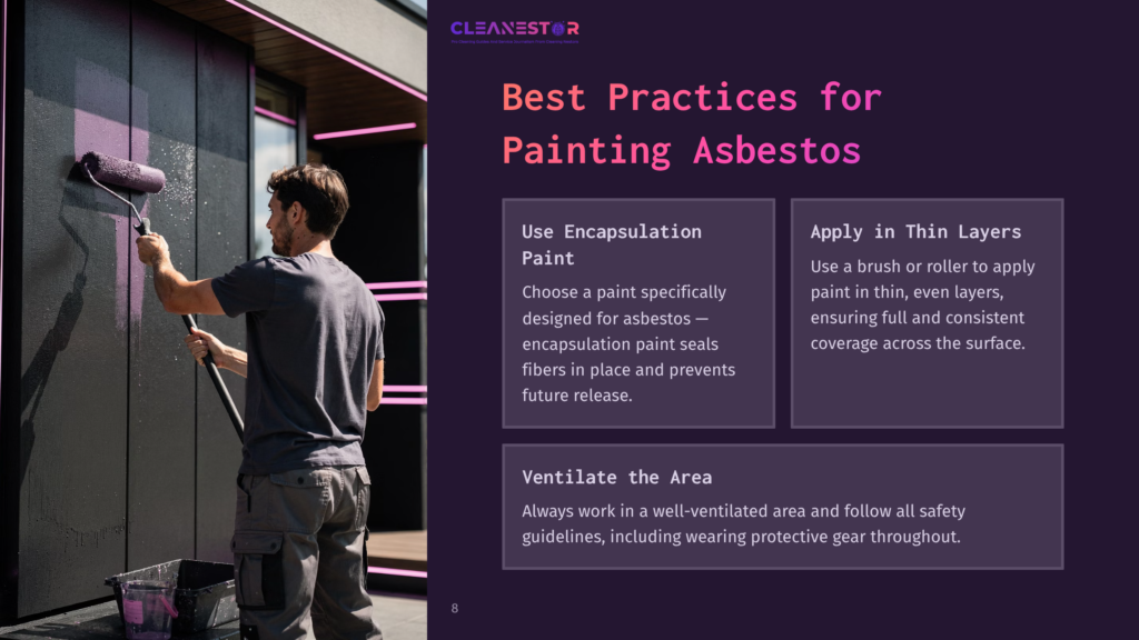 8 Best Practices For Painting Asbestos Man Painting A Dark Wall With Purple Encapsulation Asbestos Paint Using A Roller. Text Overlay: &Quot;Cleanestor&Quot;, &Quot;Best Practices For Painting Asbestos&Quot;, &Quot;Use Encapsulation Paint&Quot;, &Quot;Apply In Thin Layers&Quot;, &Quot;Ventilate The Area&Quot;.