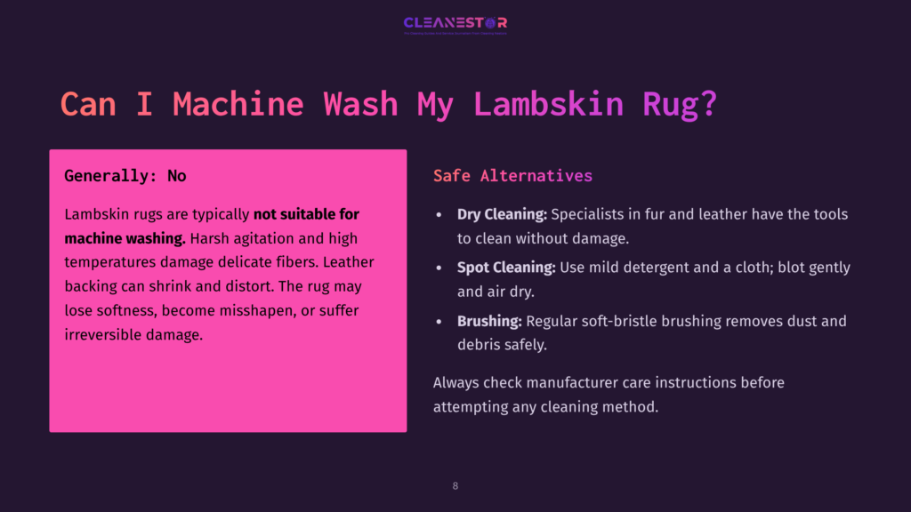 8 Can I Machine Wash My Lambskin Rug Slide From A Presentation Titled &Quot;Can I Machine Wash My Lambskin Rug?&Quot; Showing A Pink Box With Text About Lambskin Rug Care, And A Purple Box With &Quot;Safe Alternatives&Quot; Including Dry Cleaning, Spot Cleaning, And Brushing.